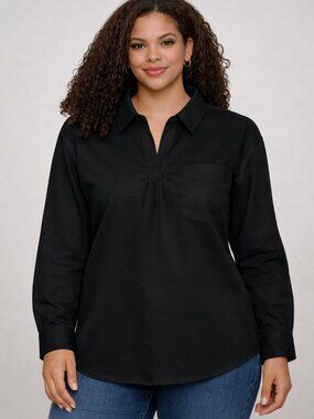 Solid Black 4 Button Long Sleeve Cotton Shirt